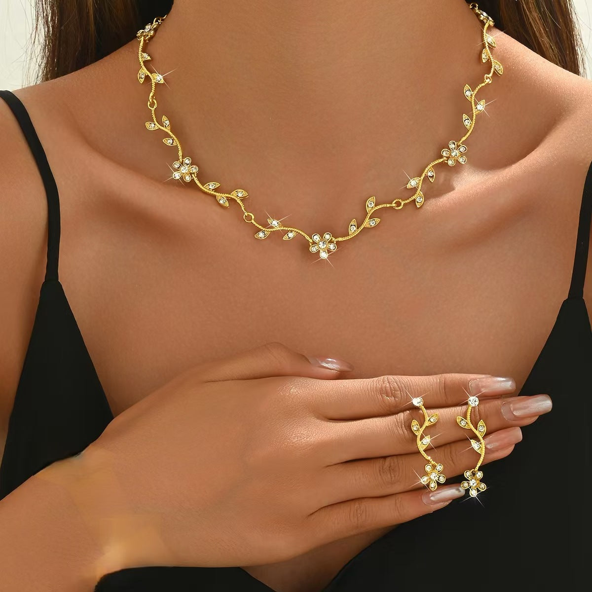 Diamond Leaf Flower Jewelry Set
