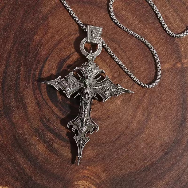 Gothic Crucifix Skull Pendant Necklace Punk Jewelry