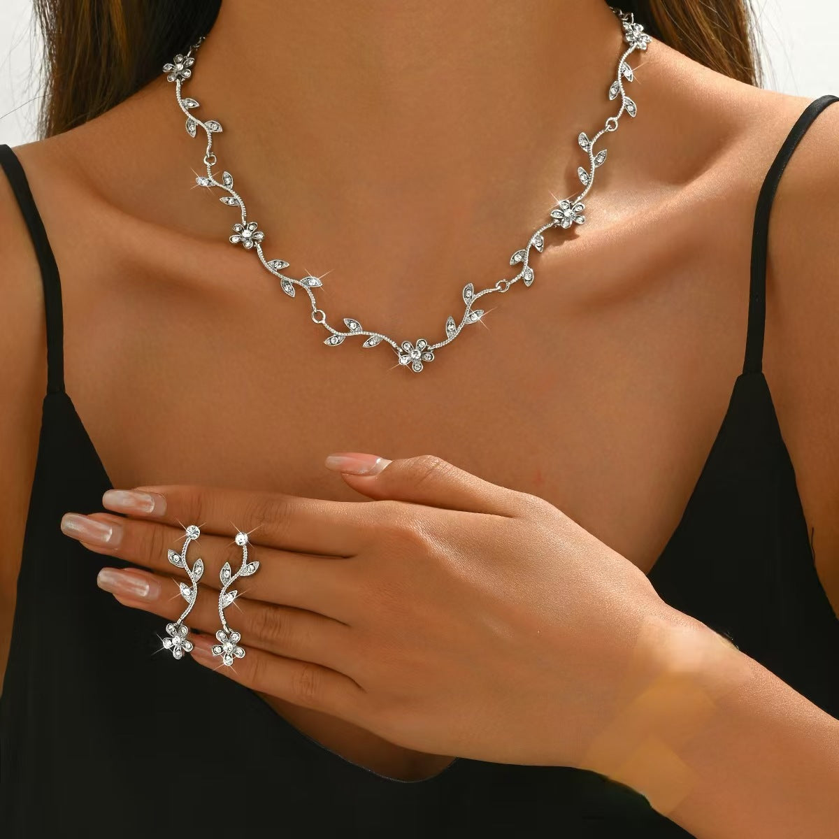 Diamond Leaf Flower Jewelry Set