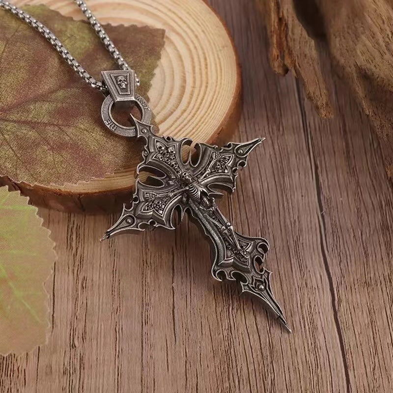 Gothic Crucifix Skull Pendant Necklace Punk Jewelry